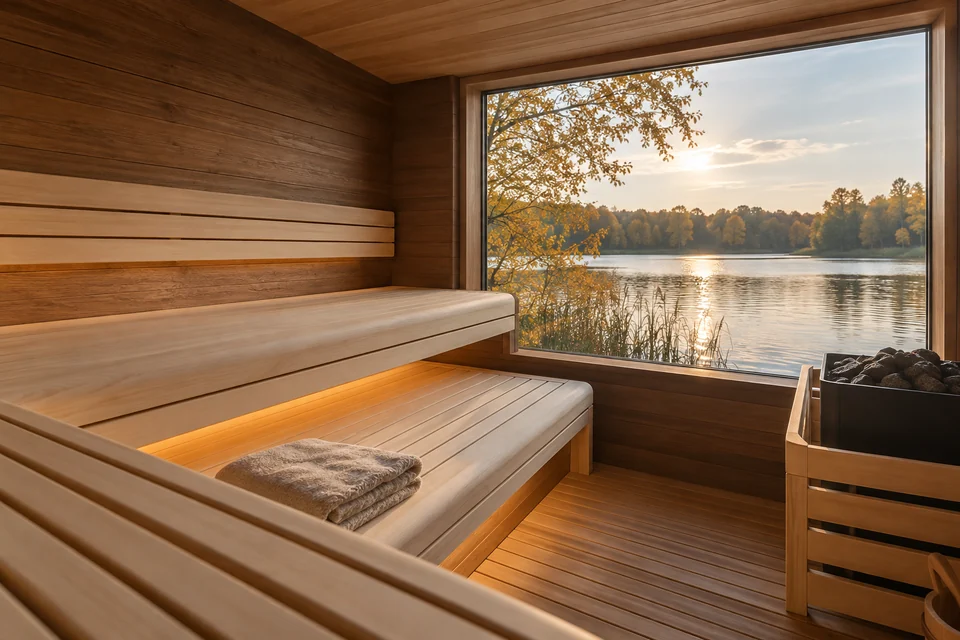 Gestaltungsentwurf einer kleinen Seesauna mit hellen Holzbänken und weitem Fenster zum Wasser
