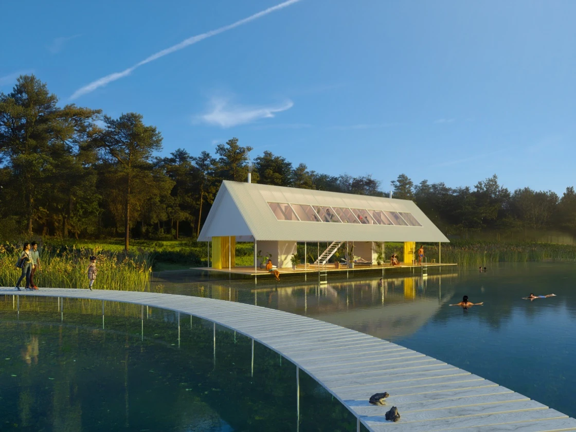 Architekturentwurf des Badehauses mit offenem Ruhebereich und geschwungenem Steg